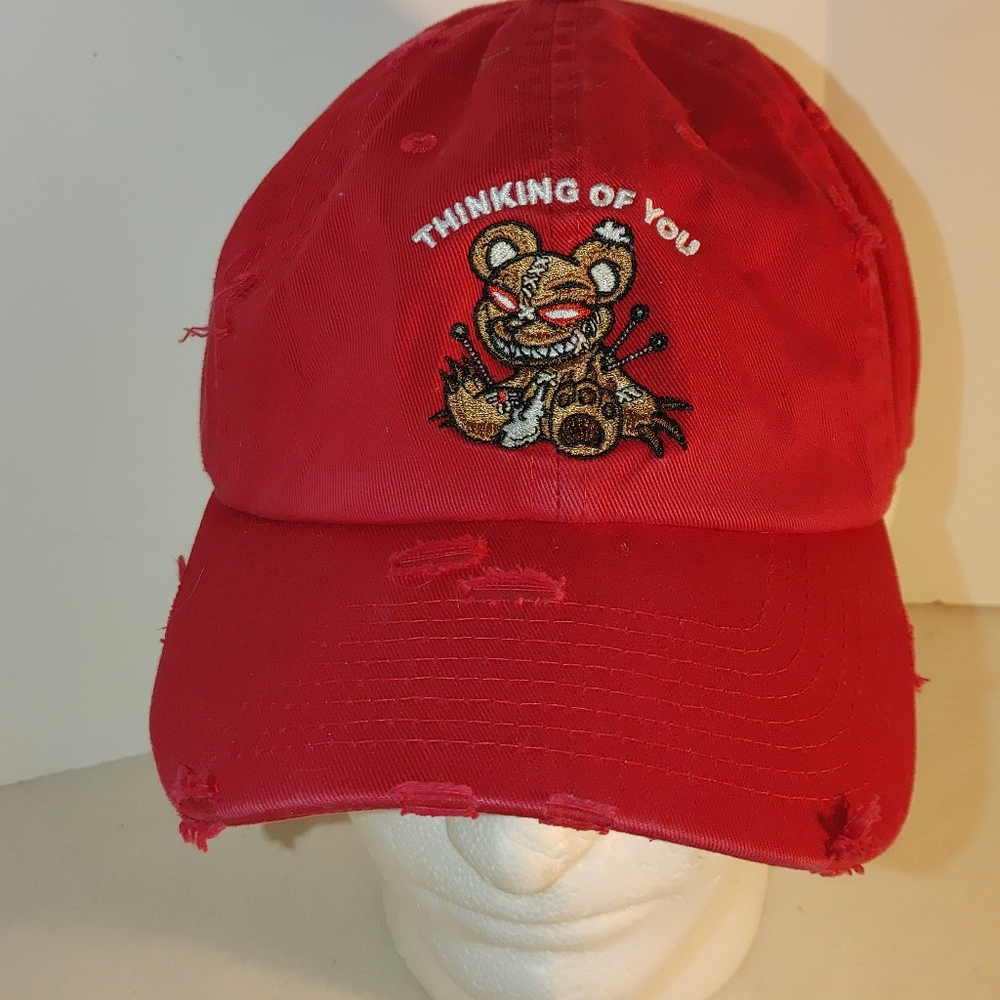 KBethos Bear Thinking of You Red Distressed Baseball Cap Logo Adjustable